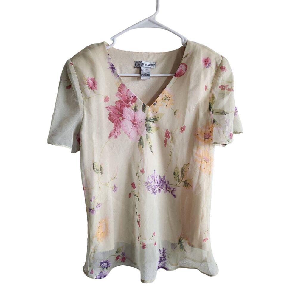 Vintage 1990s Dressbarn Womens Sz 8 Yellow and Pink Floral Blouse V Neck